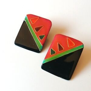 Artisan Handcrafted Red Green Black Enamel Post Earrings